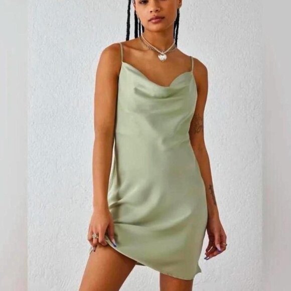 NWT $49 URBAN OUTFITTERS Satiny Cowl Neck Sage Green Slip Dress – Large - Picture 1 of 7
